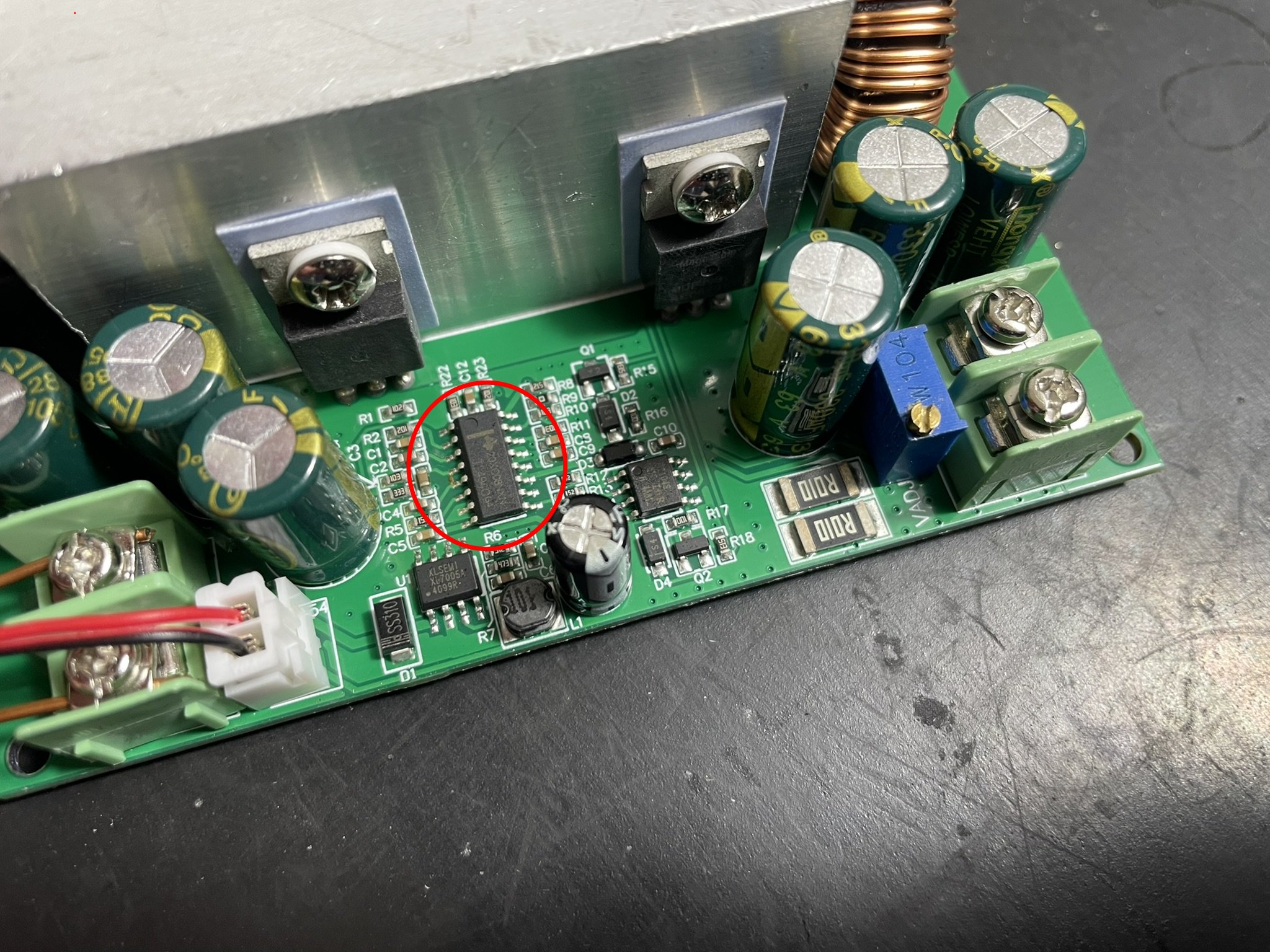 Fairy thin PCB with limited copper, TL494C PWM controller IC stands out