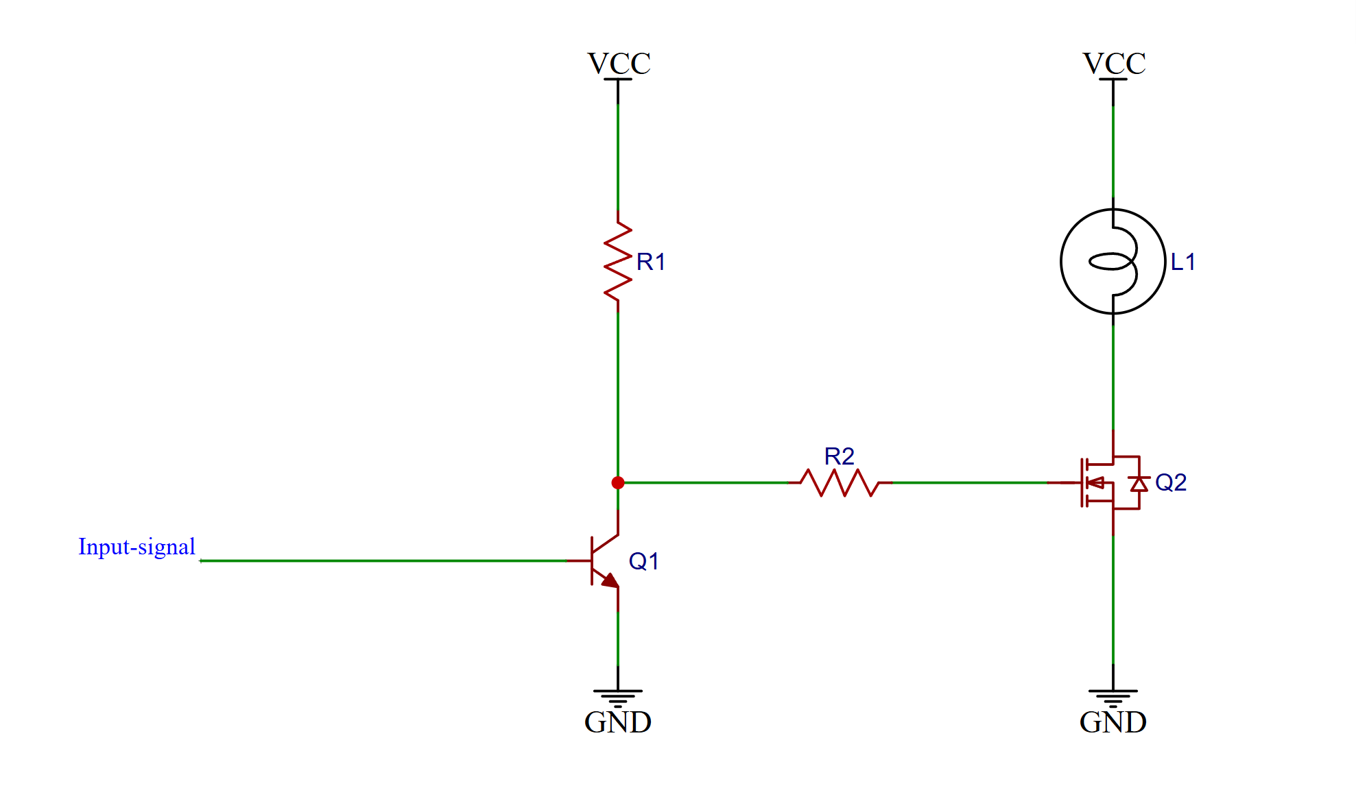 Electronics circuit schematic. Pull-up resistor for MOSFET gate high, transistor can pull gate to ground. Low side switching. Inverted signal