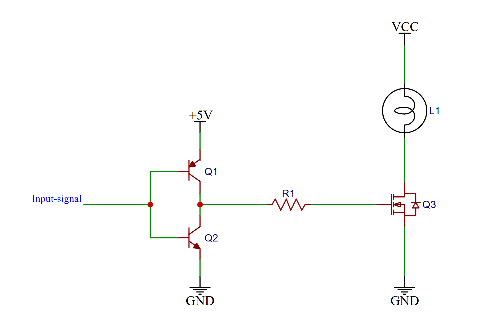 Electronics circuit schematic. Push pull transistor configuration with complementary NPN and PNP. Low side high current MOSFET switching
