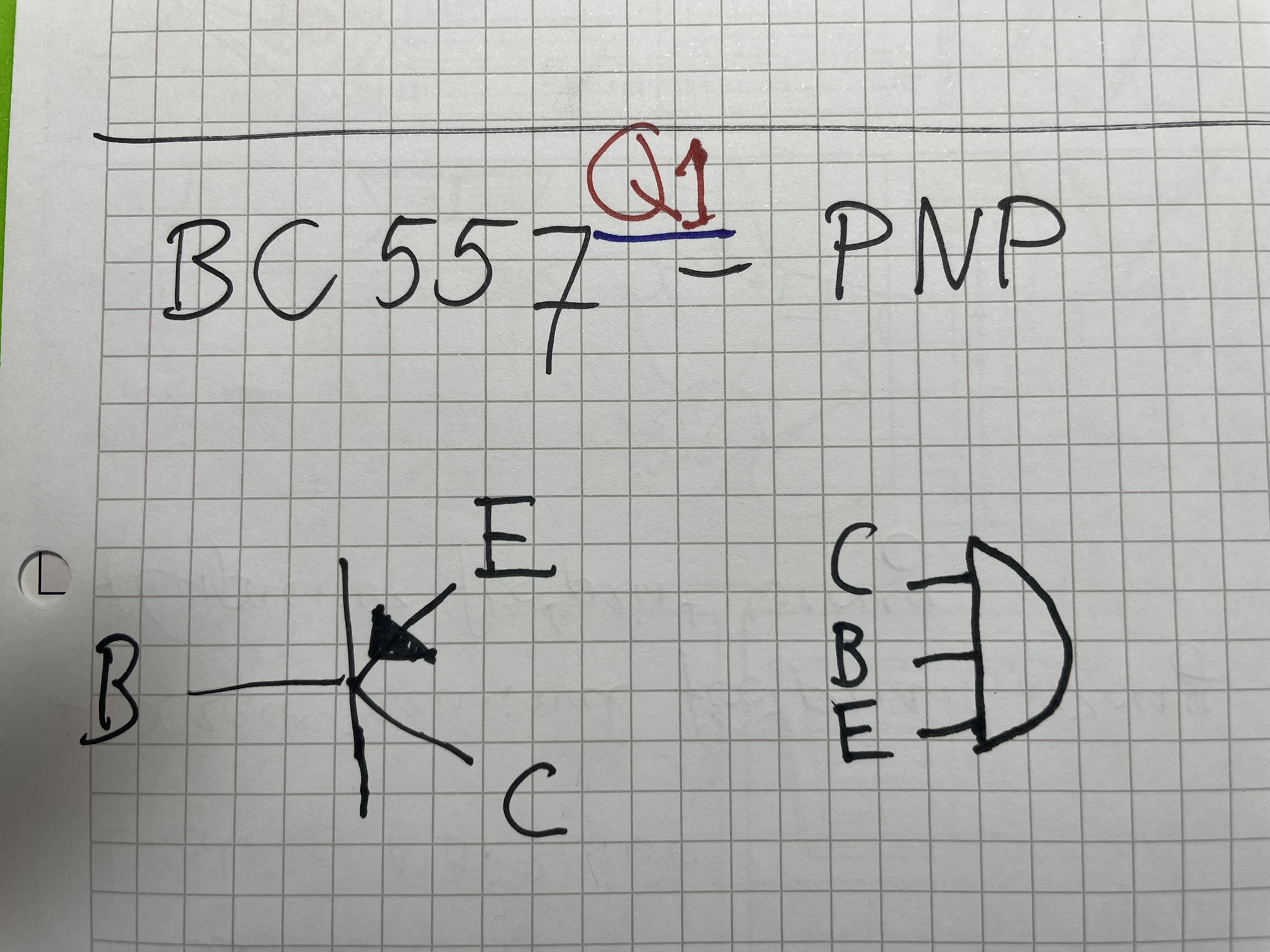 A handwritten study note with circuit diagrams and component labels, featuring PNP transistors and incorrect
