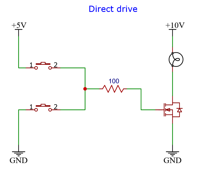 A low side MOSFET driven directly by two buttons.