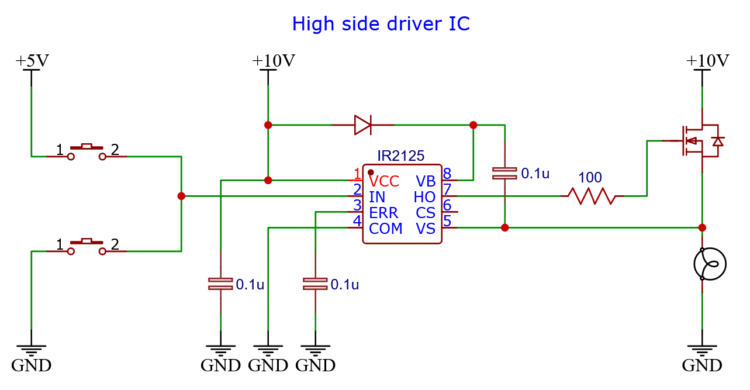 A high side MOSFET gate driver IC with a bootstrap capacitor and some other component. It drives the gate of a high side MOSFET through a limiting resistor.