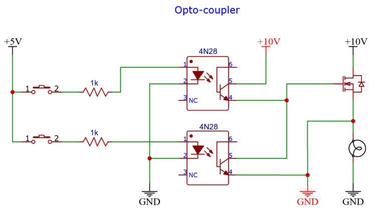 With opto-couplers we can use a separate power supply to charge the gate of the side MOSFET.