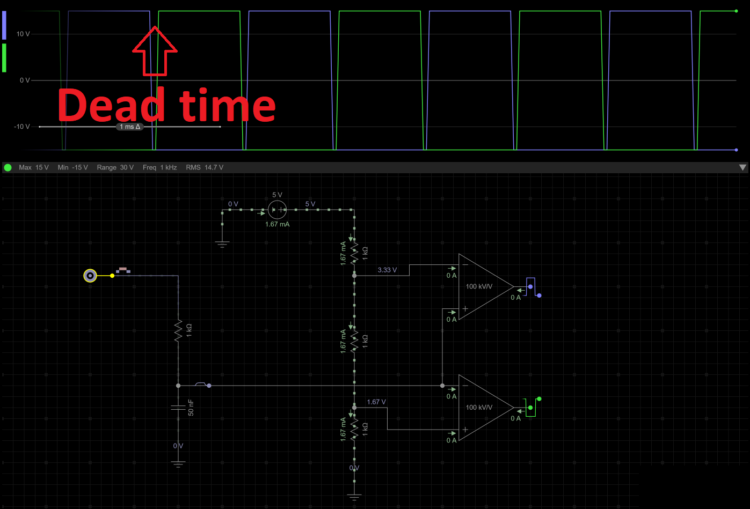 A simulation on everycircuit that shows the working of the circuit to create dead time between two PWM signals.