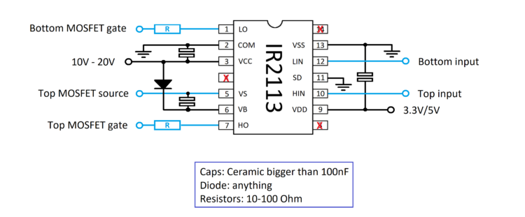The IR2113 is a very capable high side + low side MOSFET gate driver IC. It only requires 3 capacitors and a diode to function properly. You can switch the high and low side independently is you like.