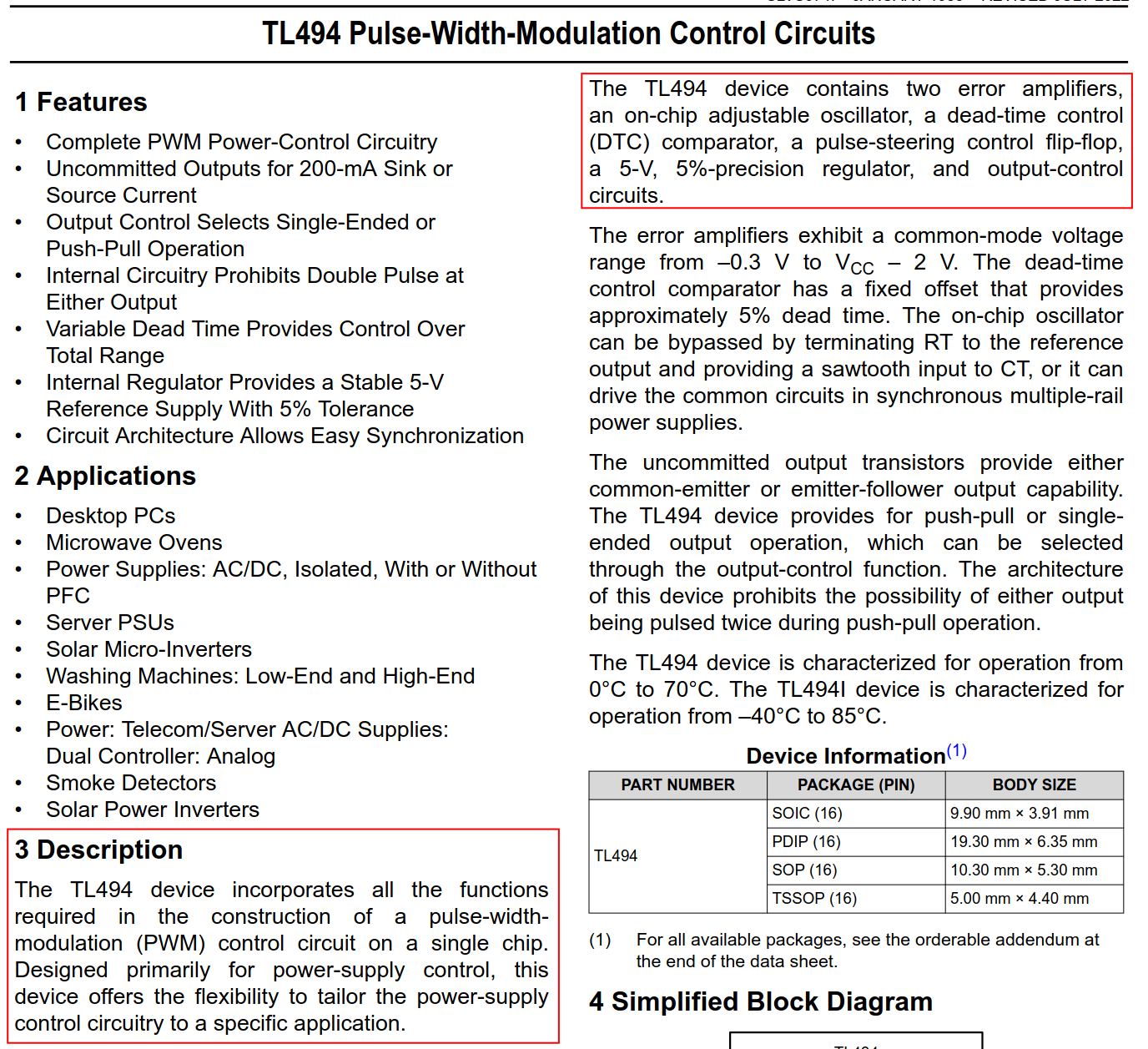 TL494 datasheet - capabilities
