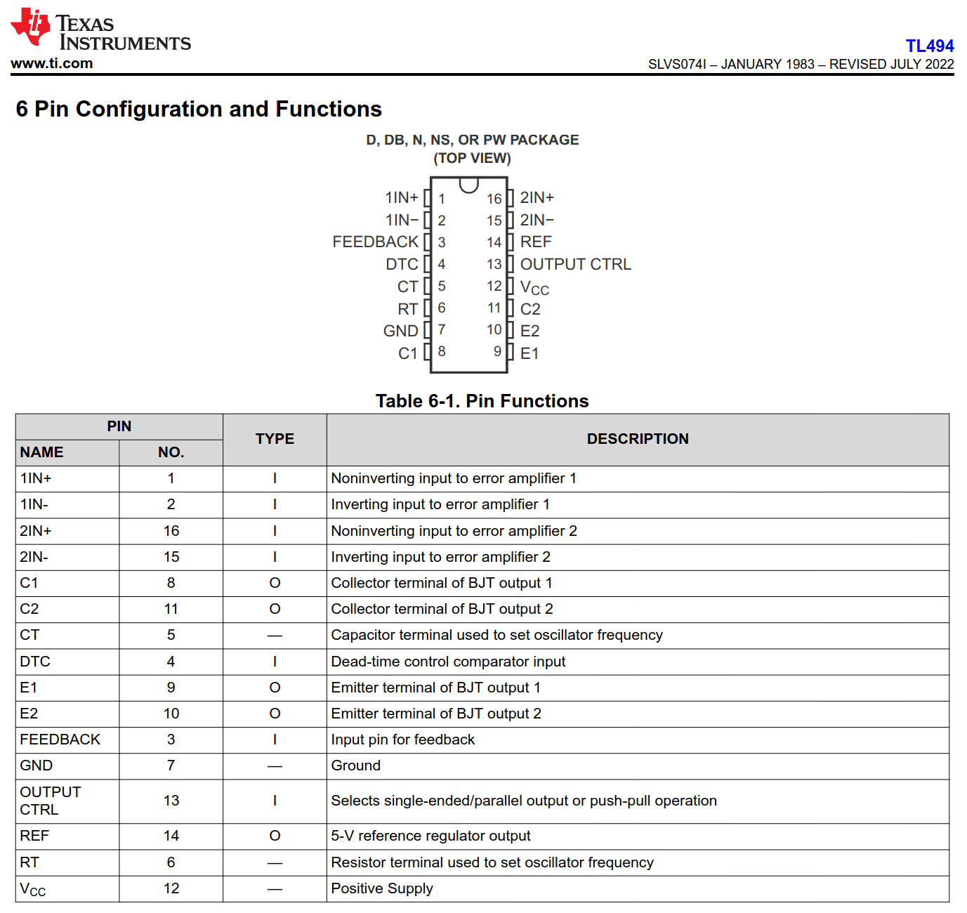 TL494 datasheet - pinout and pin functions