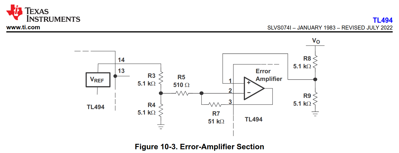 TL494 datasheet - Voltage and current error amplifier example schematic