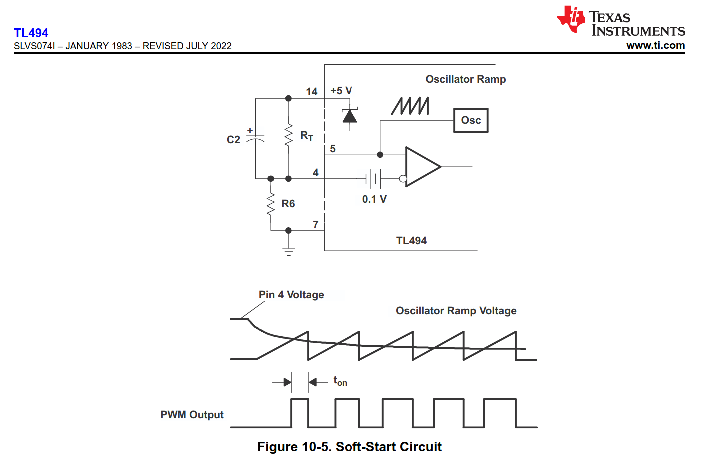 TL494 datasheet - Internal workings - Sawtooth signal plus fixed voltage into comparator to create variable PWM signal