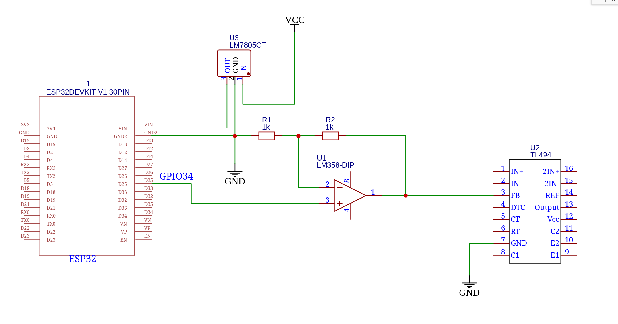 Circuit diagram with ESP32 DAC output multiplied by Op-Amp to control a buck-converters PWM signal generator