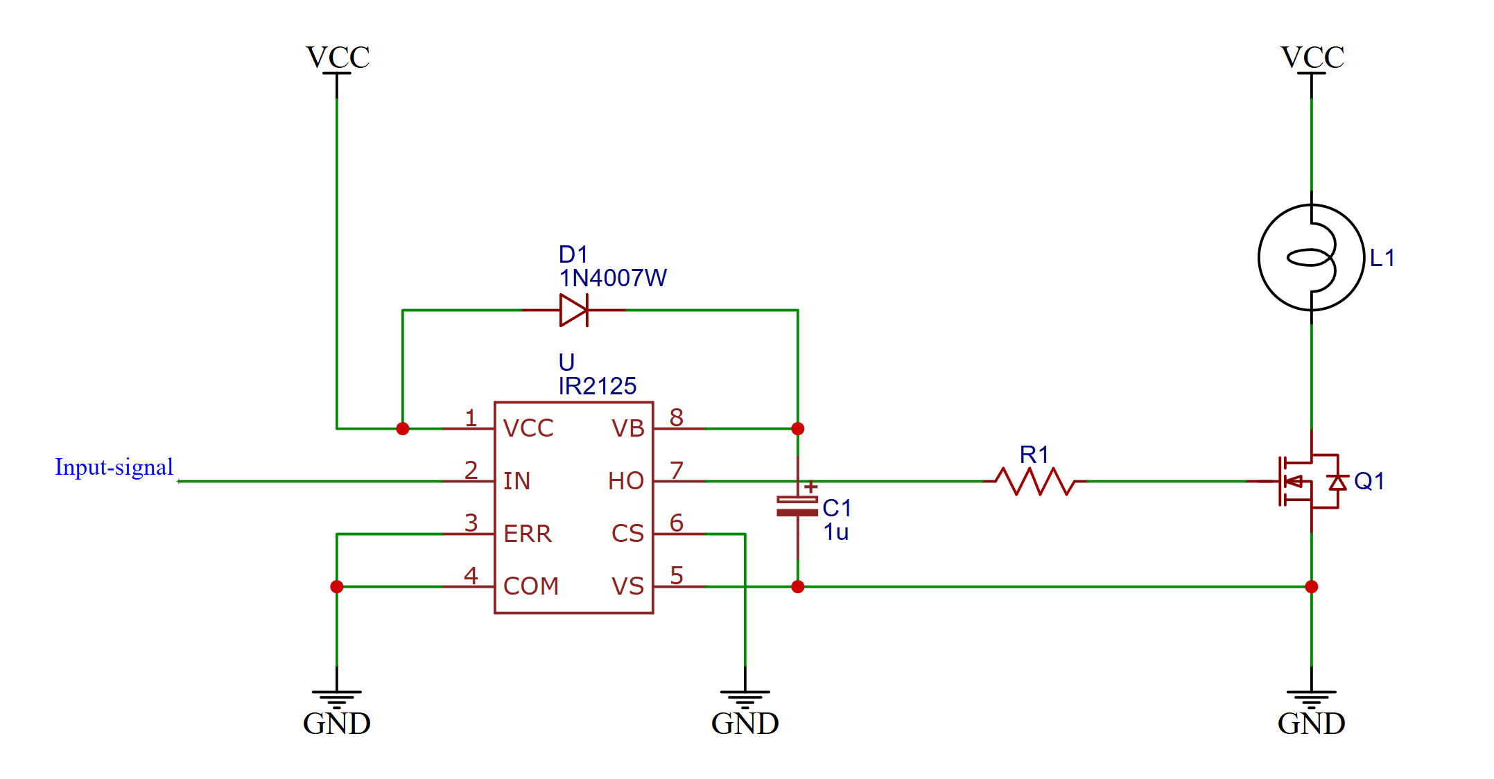 Low-side MOSFET driver IC circuit with IR2125, bootstrap capacitor, and gate protection resistor.