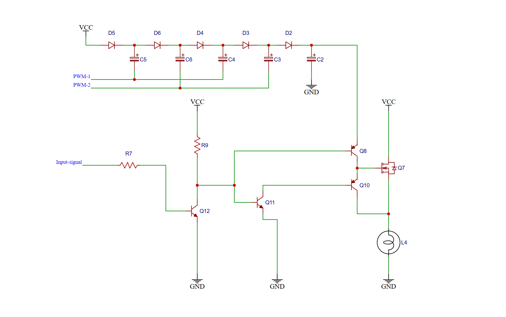 Charge pump circuit for high-side MOSFET driving allowing 100 percent duty cycle always-on switching.