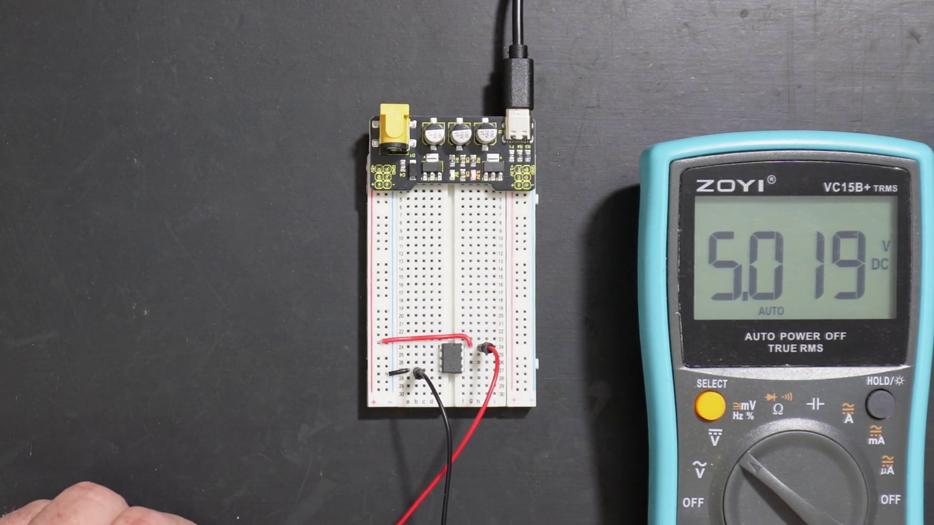 Testing the power supply on a breadboard feeding a LM358.