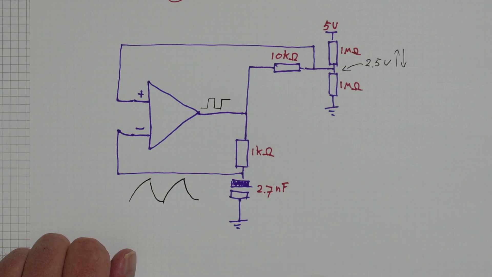 Oscillator circuit with output voltage drawn. Shows Op-amp and resistor divider.