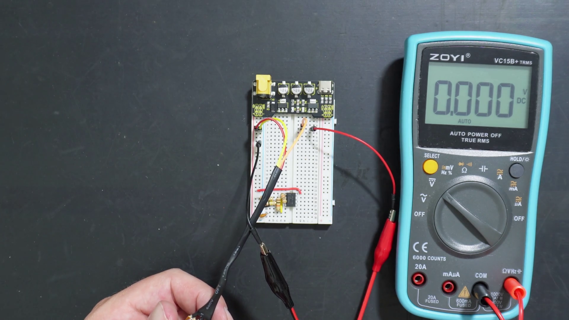 PWM generator circuit on breadboard with potentiometer attached.