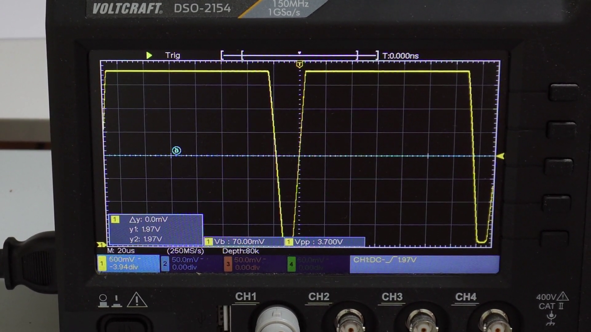 Oscilloscope output from a variable duty-cycle PWM generator circuit.